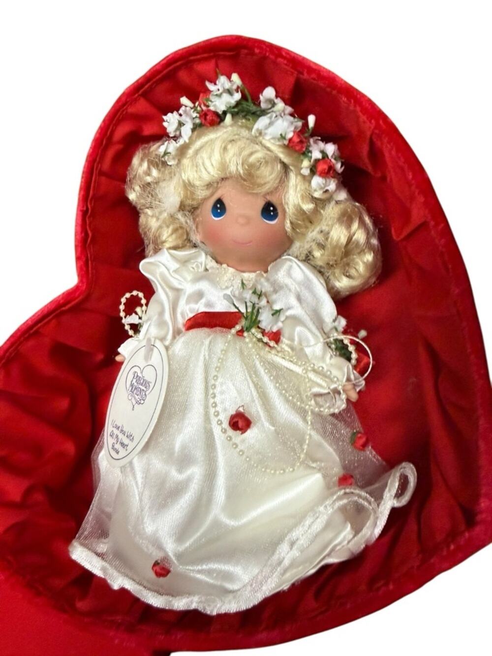 Precious Moments Bridal Doll in White Satin Gown with Red Ribbon Accents